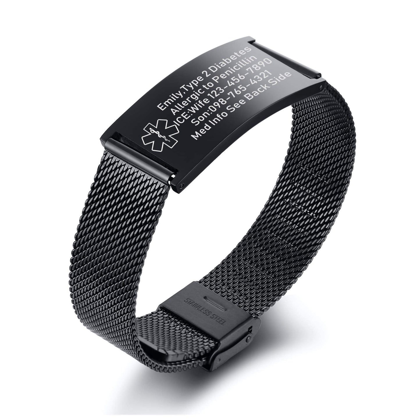 VNOX Width Medical Alert Bracelets for Men with Free Custom Engraving Adjustable Stainless Steel Mesh Emergency Medical ID Bracelets Wristband,Black