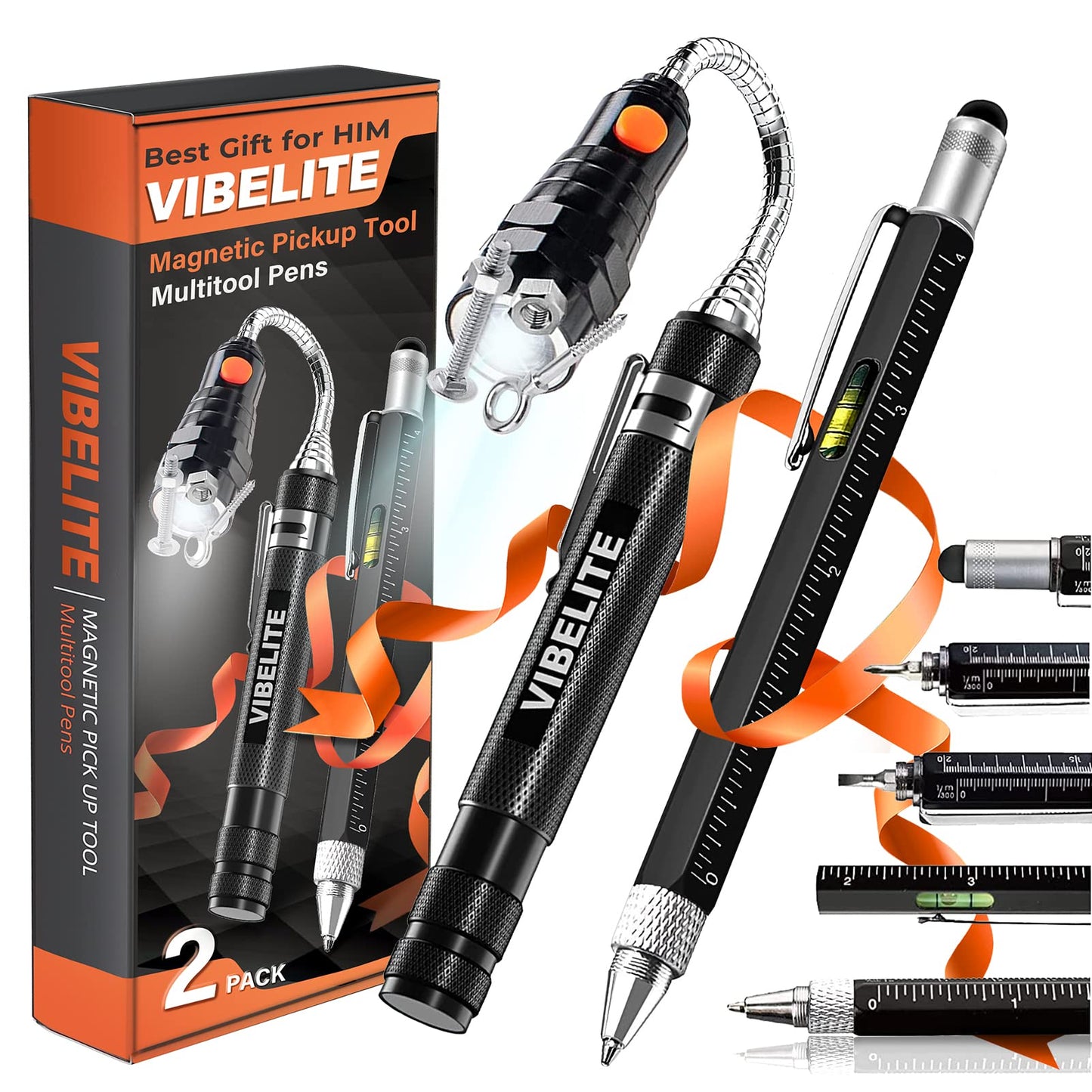 Magnetic Pickup Tool and 6 in 1 Multitool Pen with Touch Screen Stylus, Rulers, Bubble Level, Flathead, Phillips Screwdriver, Ballpoint Pen, BIrthday Gifts for Men, Him, Dad, Mechanic, Women, 2Pack