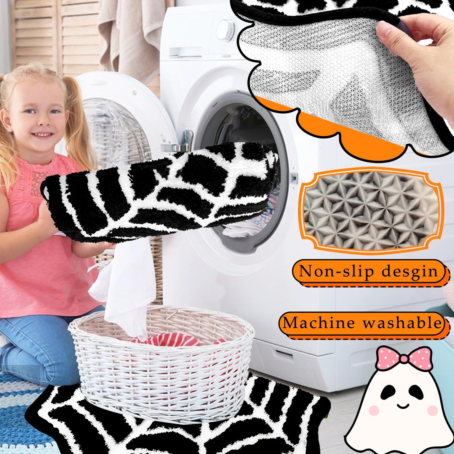 Spider Web Bath Mat,31x20 Inch Halloween Bathing Non-Slip Rug Spiderweb Gothic Area Goth Carpet for Front Door,Kitchen,Living Room,Bedroom,Machine Washable Update