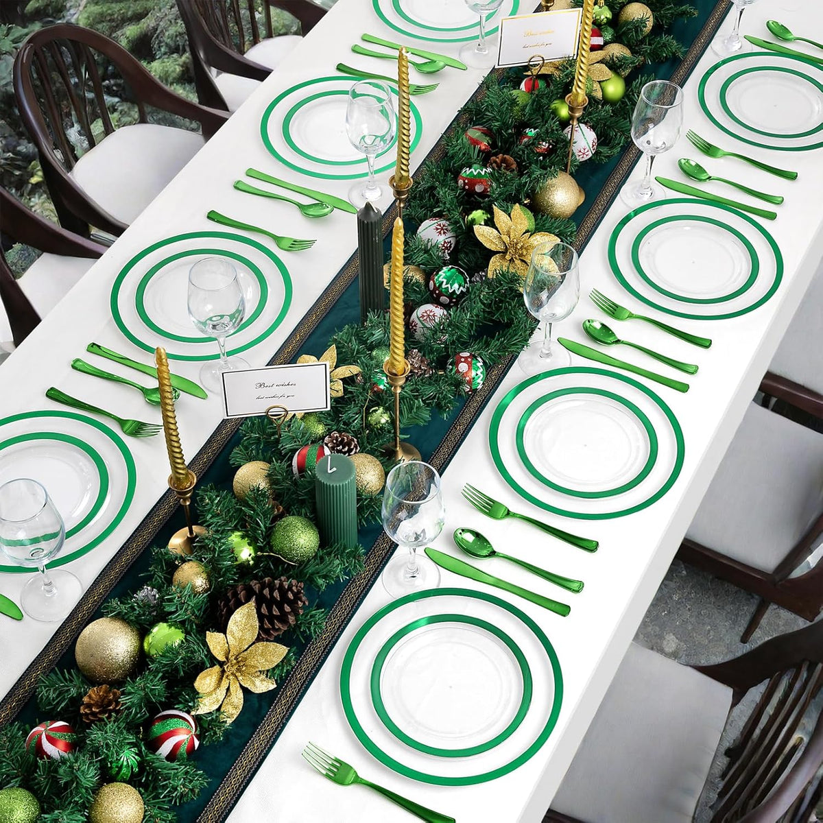 U-QE 200PCS Christmas Plates Disposable - Green Plastic Plates Disposable Heavy Duty- Holiday Plate Include 100 10" Dinner and 100 7" Dessert Platos, Perfect for Christmas Party