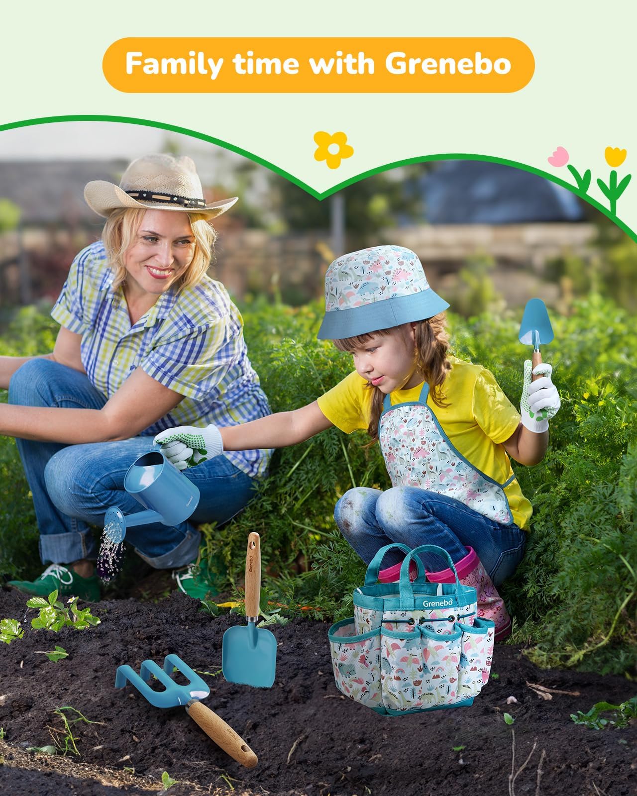 Grenebo Kids Gardening Set Toys, Quality Garden Tool Kit for Kids and Toddlers, Includes Two Shovels, Garden hat,Rake, Apron,Gloves, Watering Can, and Tool Bag (Blue)