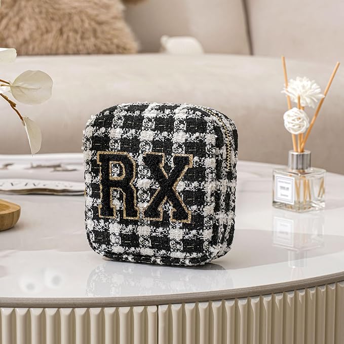 Small Medicine Bag for Travel, Personalized RX Chenille Letters Checkered Pouch for Women and Girls, Cute Meds Drug Makeup Bags with Zipper (03Black Checkered)