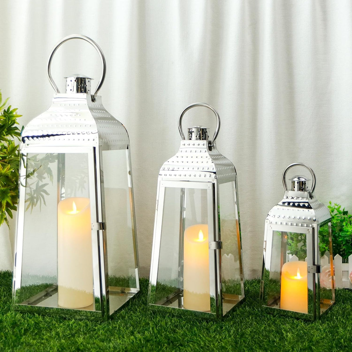 TRIROCKS Set of 3 Stainless Steel Candle Lanterns 20.5''&16''&12''H Decorative Candle Holders with Tempered Glass for Indoor Outdoor Porch Parities and Wedding(Silver)