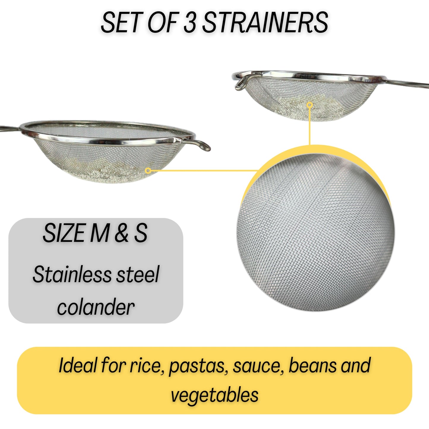 Mesh Strainers - Stainless Steel Fine Mesh Strainer - Colander-Skimmer with Handle - Sieve Sifters for Food - Strainer Sieve - Set of 3 Kitchen Strainers