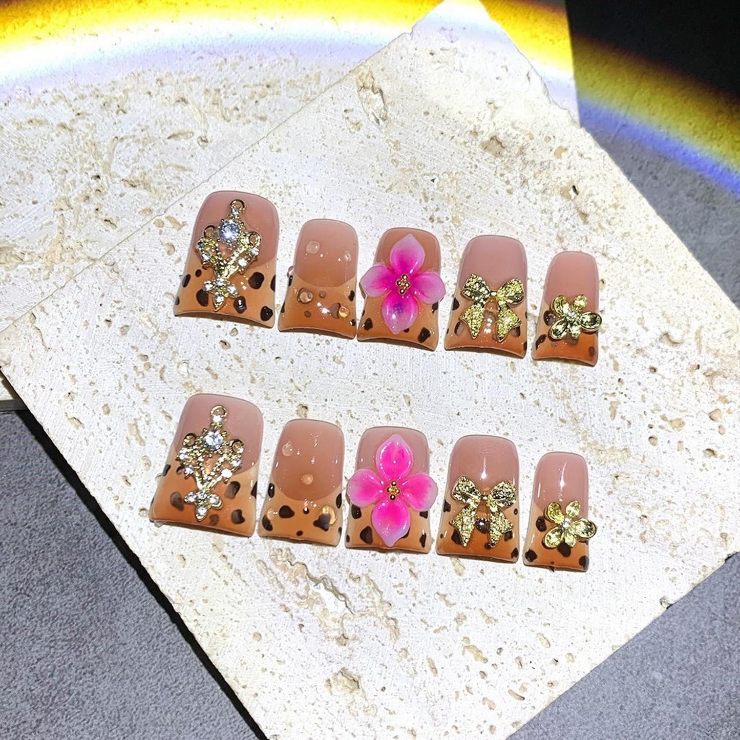 Handmade Press on Nails Short Duck Fake Nails Leopard Print Gradient French Design Luxury Gems False Nails Gold Bow and Flower Handmade Press ons Nail Reusable Nails for Women Decorations (Size M)