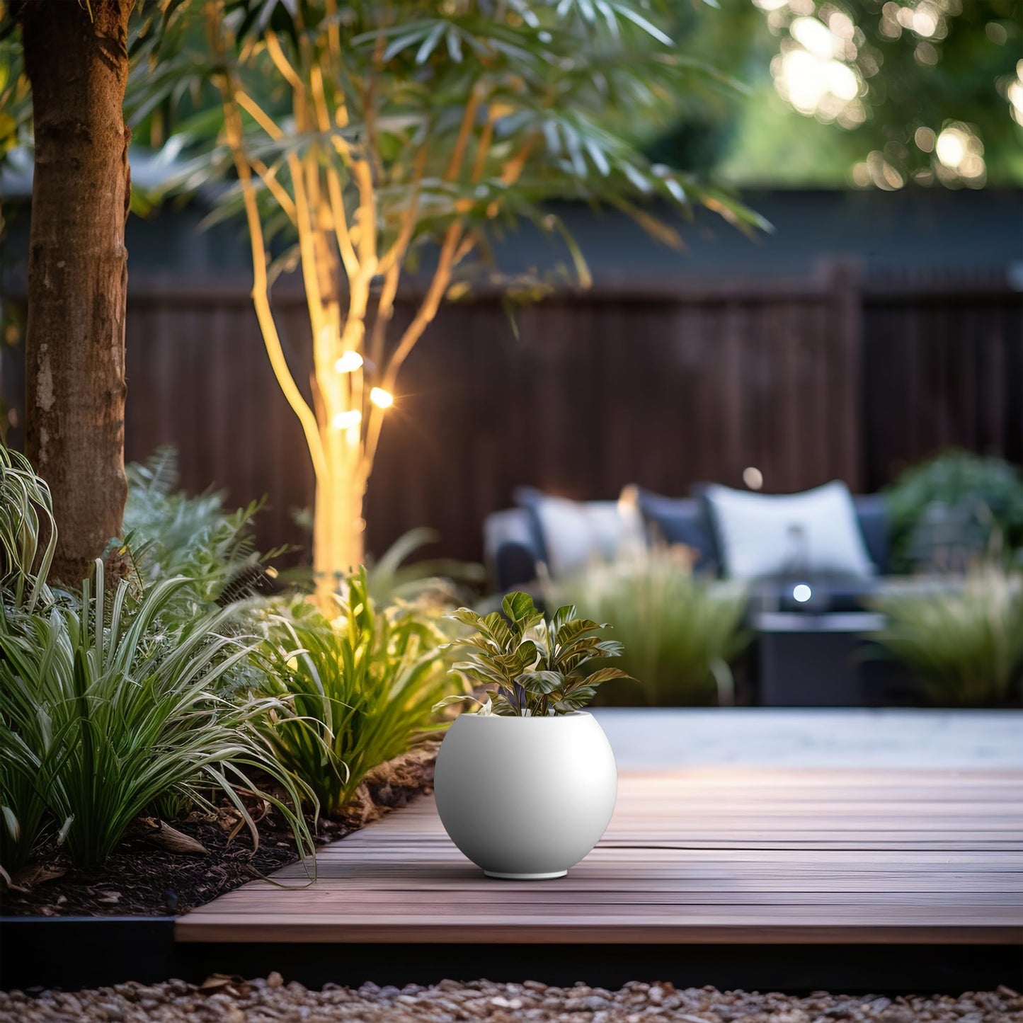 Kante Round Concrete Flower Pot, 11 Inch Dia (7.9" Opening) Sphere Shape Design Planter with Drainage Hole and Rubber Plug for Indoor & Outdoor Plants, White Finish with Painted Interior