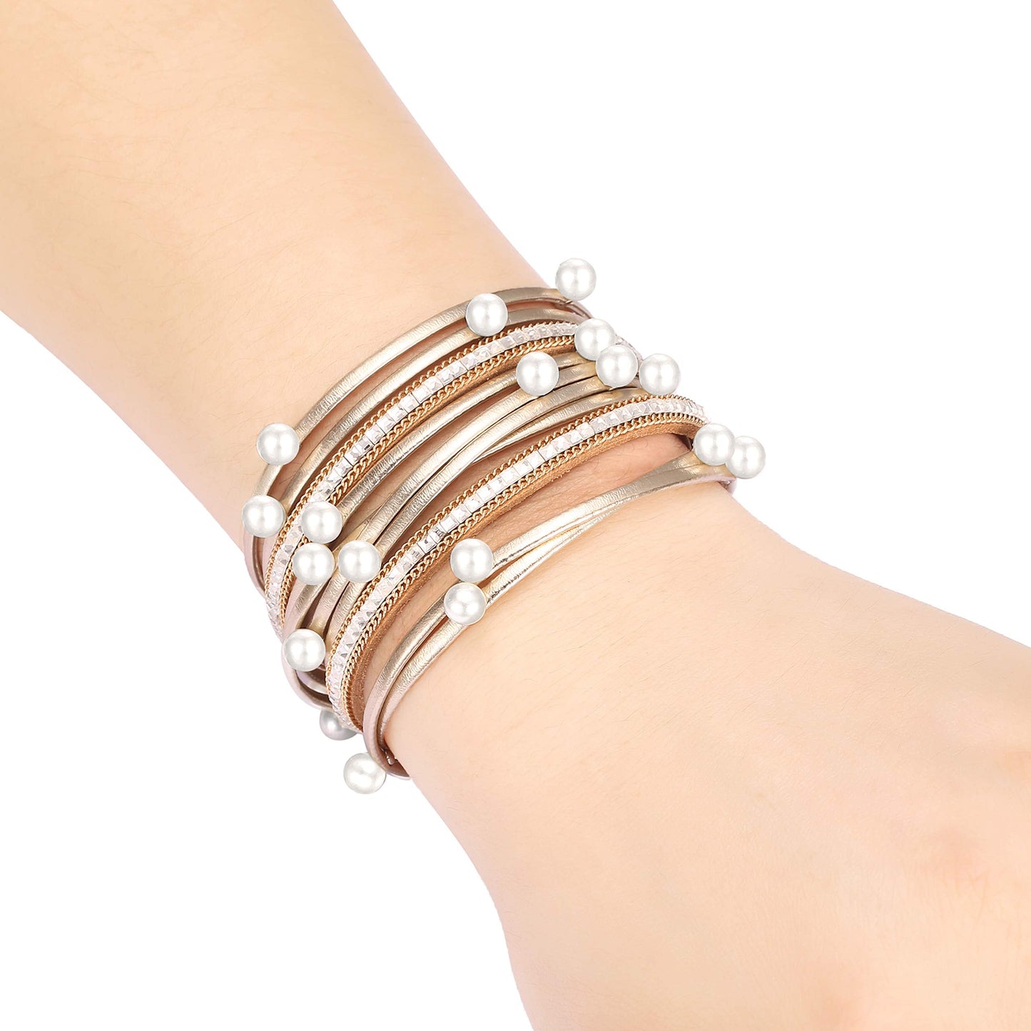 Fesciory Leopard Bracelet for Women, Boho Leather Wrap Multi-Layer Pearl Crystal Bracelet Bangle Jewelry(Pearl)