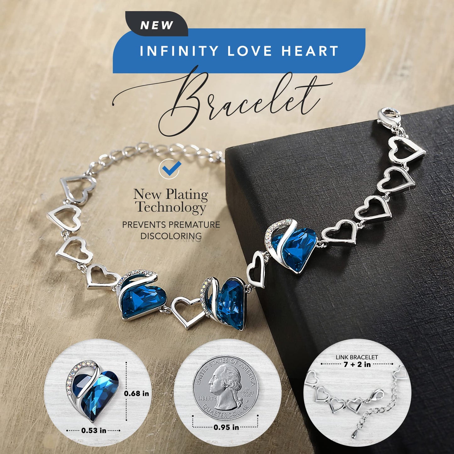 Leafael Infinity Love Heart Gift Bracelet for Women, September Birthstone Crystal, Bermuda Sapphire Blue, Silver Tone, 7-inch Chain and 2-inch Extender