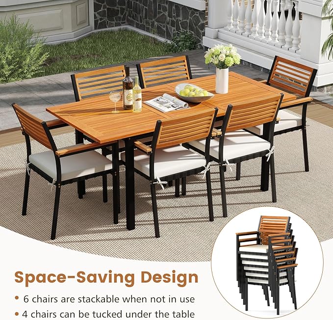 Tangkula 7 Piece Patio Dining Set, Outdoor Acacia Wood Cushioned Chairs and 51”-64” Expandable Rectangular Table Set, with Umbrella Hole, 6 Stackable Armchairs, for Poolside Garden (Off White)