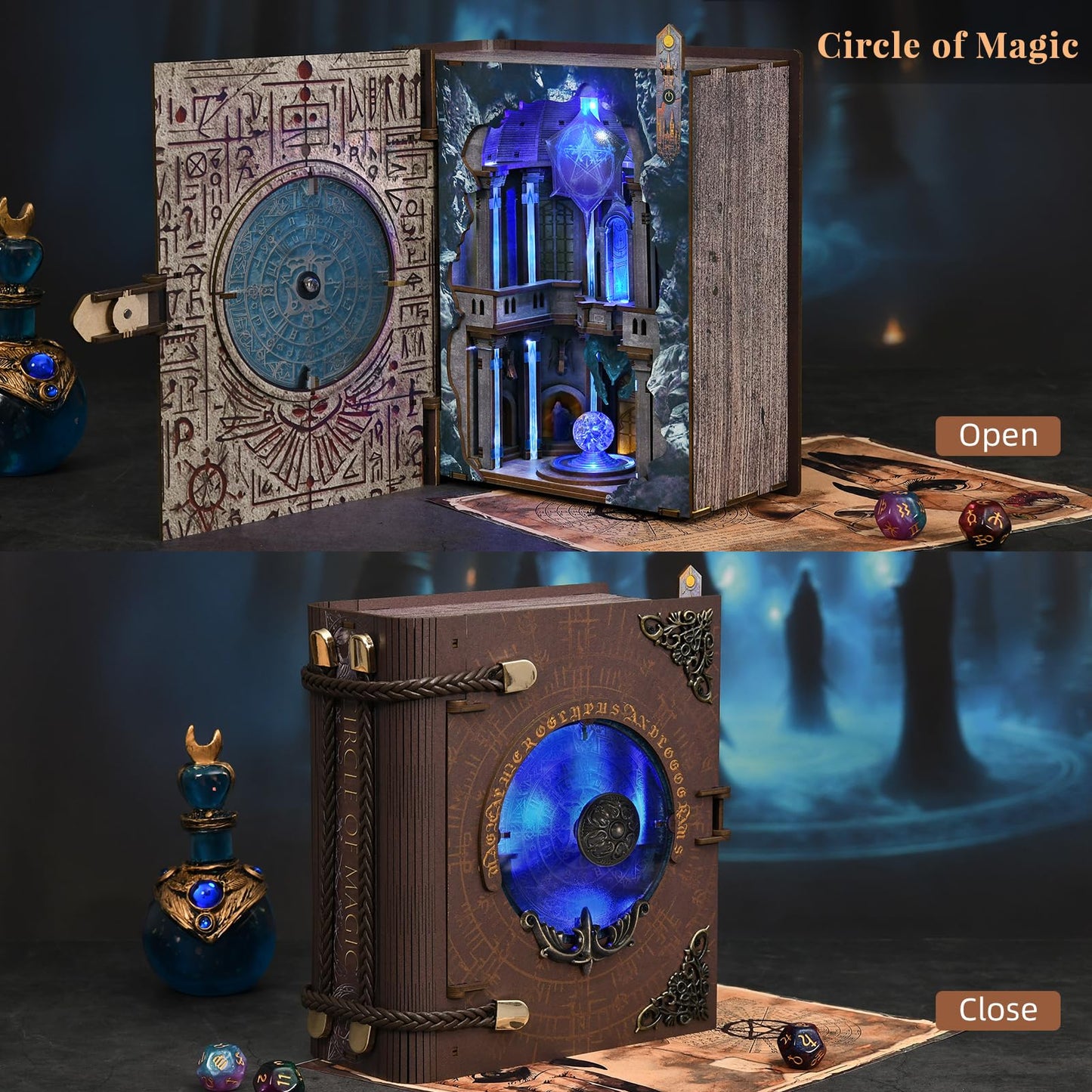 MiniCity Book Nook Kit, DIY Miniature Dollhouse Kit for Adults, Booknook Bookshelf Insert Decor 3D Wooden Puzzle with LED Light Unique Gift for Fantasy Lovers (Circle of Magic)
