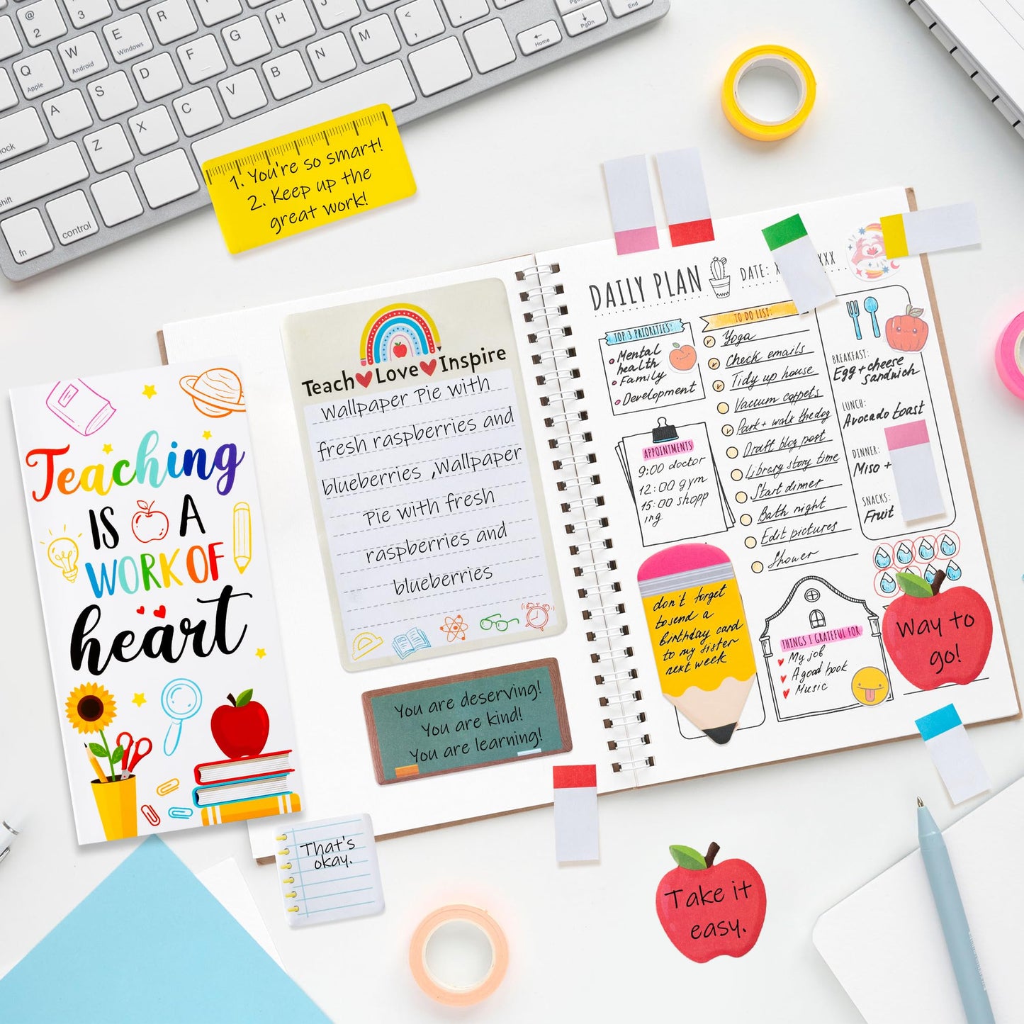 Xqumoi 2 Pack Teaching is A Work of Heart Sticky Notes Set - Ruler Blackboard Pencil Apple Self-Stick Note Pads Teacher Appreciation Gift Writing Memo Pads Page Marker Back to School Office Supplies