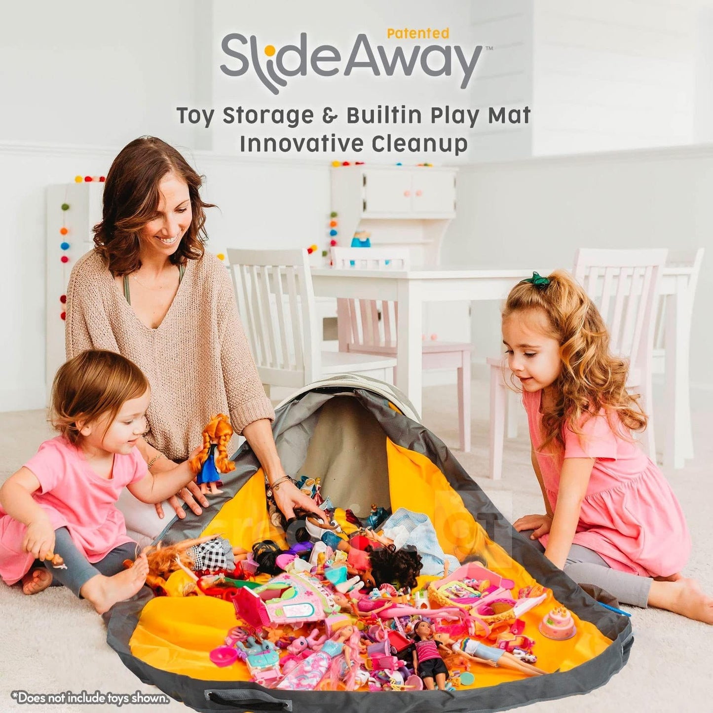 Creative QT SlideAway Toy Storage Organizer & Extra Large 52" Play Mat, Collapsible Storage Bins for Building Bricks, Small Blocks, Toys, Drawstring Cleanup for Kids Playroom & Classroom, Beige