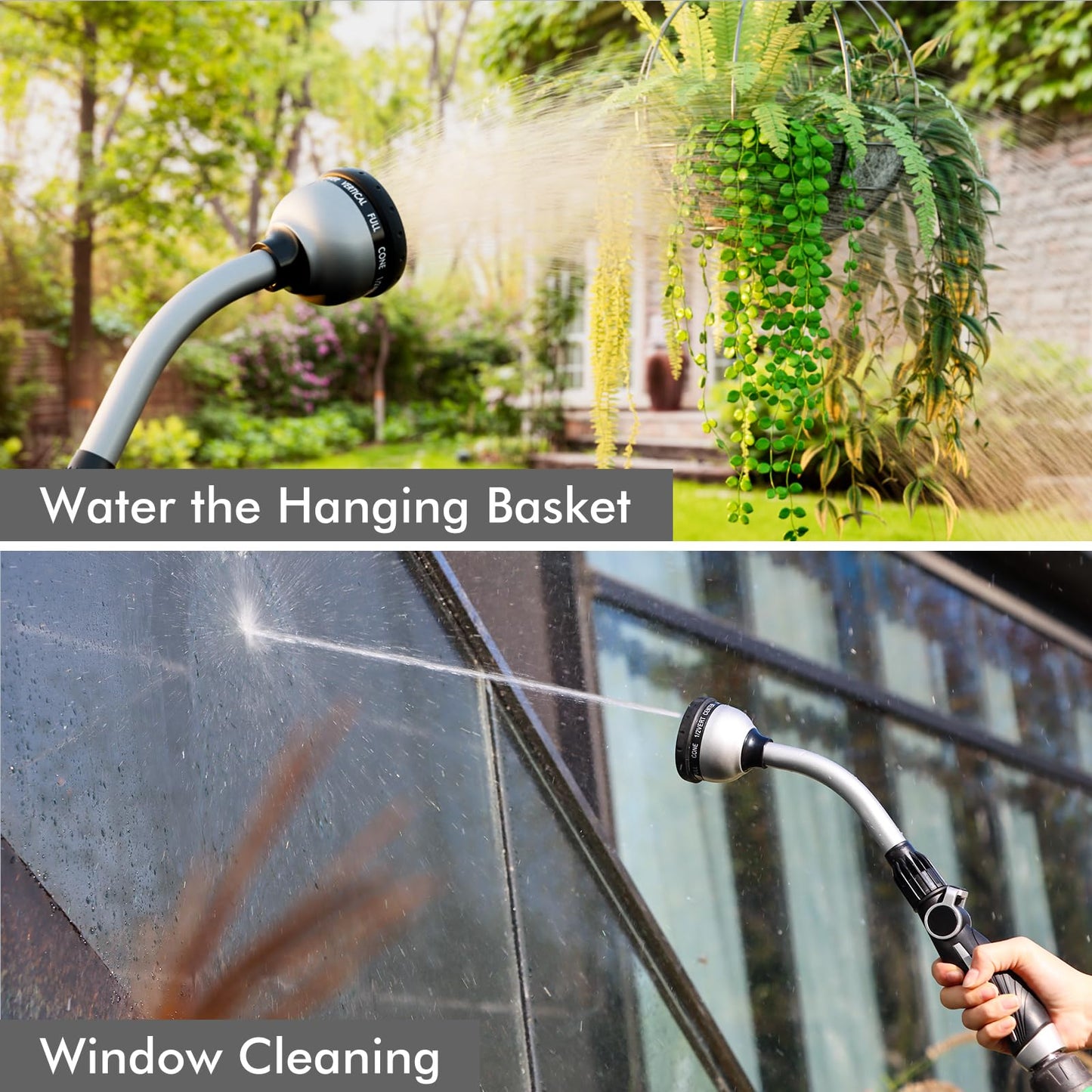 RESTMO Watering Wand Heavy Duty, Metal Garden Hose Wand with Thumb Flow Control, 15-Inch Long Hose Nozzle Sprayer with 10 Spray Patterns, Ideal to Water Hanging Baskets and Shrubs, Silver