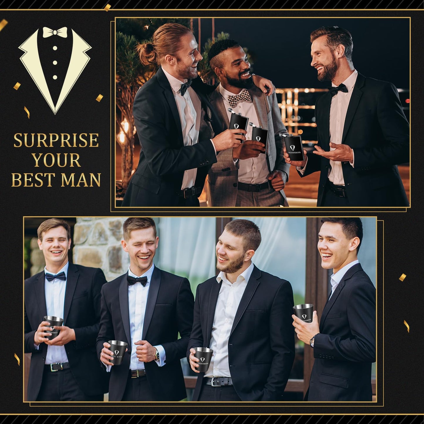 60Pcs Groomsmen Gifts Set of 6, Groomsmen Proposal Box with Flasks Sunglasses PU Leather Toiletry Bag Bottle Opener for Wedding Groomsman Best Man Gift (Black)