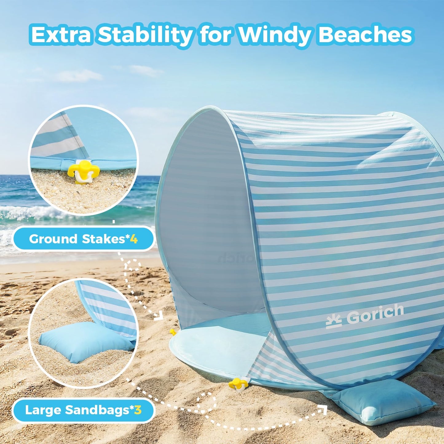 Gorich Pop Up Baby Beach Tent with UPF50+ UV Protection, Portable Toddler Sun Shelter with Mesh Ventilation, Lightweight & Foldable Play Shade Tent for Beach, Park & Backyard