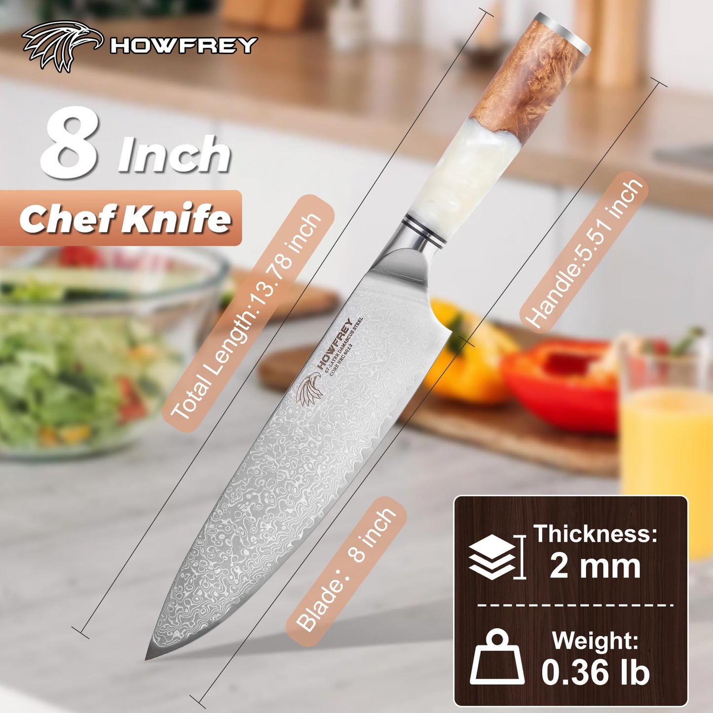 Damascus Chef Knife 8 Inch, 67-Layer Japanese Kitchen Knives Sharp VG-10 High Carbon Stainless Steel with Ergonomic Pakkawood Handles, Elegant Gift Box Packaging for Home and Kitchen