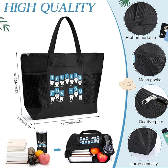 Nuogo 3 Pcs Positive Dental Hygienist Gifts Dentist Assistant Gift for Women Men Inspirational 20oz Tumbler Tote Bag Tooth Stress Toy for Dental Hygiene Month Employee Appreciation(Black,Teeth)