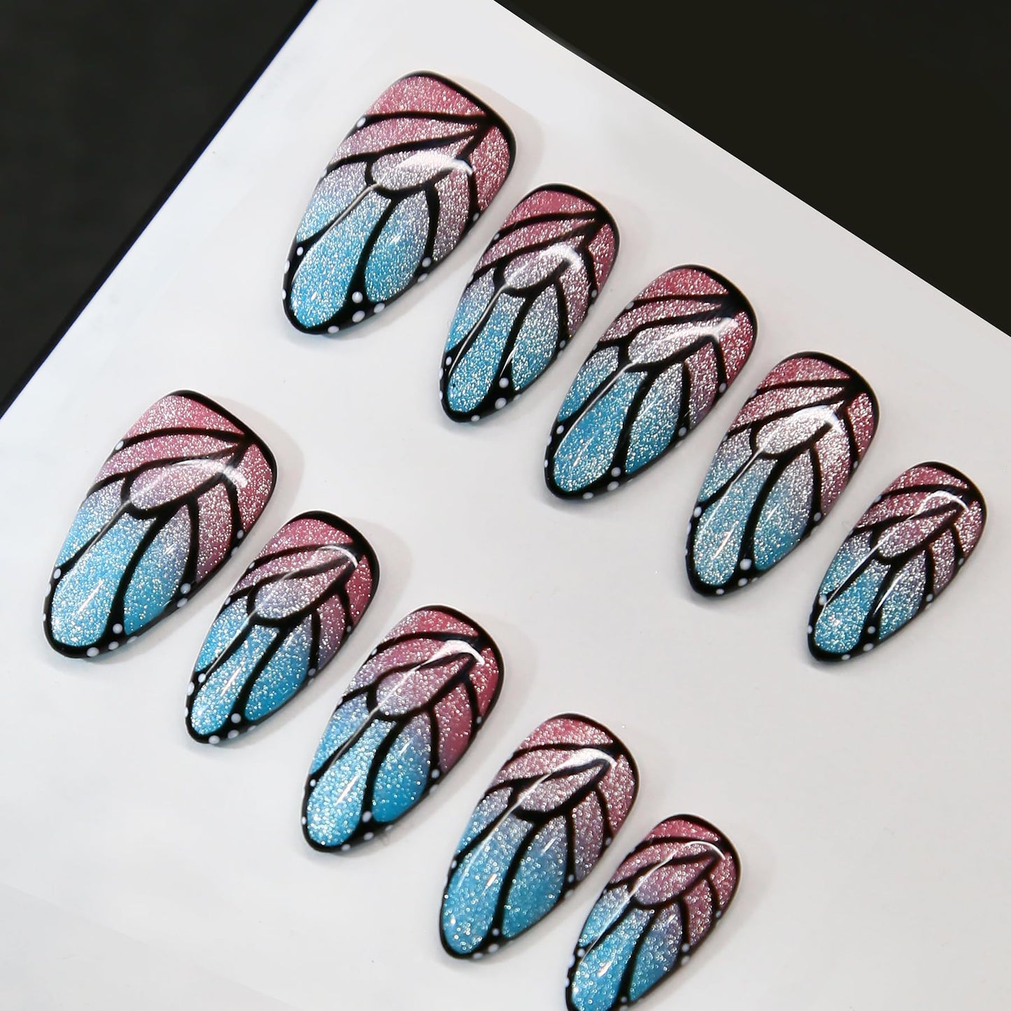 Press on nails-ARTIXY Handmade Nails Medium Almond fake Nails,Butterfly pattern 3D press ons, Reusable Acrylic Stick Ons False Nails Kit for Women, with Nail File, Homemade& Salon quality (10Pcs-M)