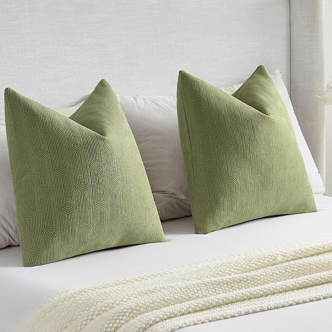 FUTEI Moss Green Chenille Decorative Throw Pillow Covers 20x20 Inch Set of 2,Soft Cozy Striped Geometric Patterns Cushion Case,Modern Home Decor for Couch Bed Living Room