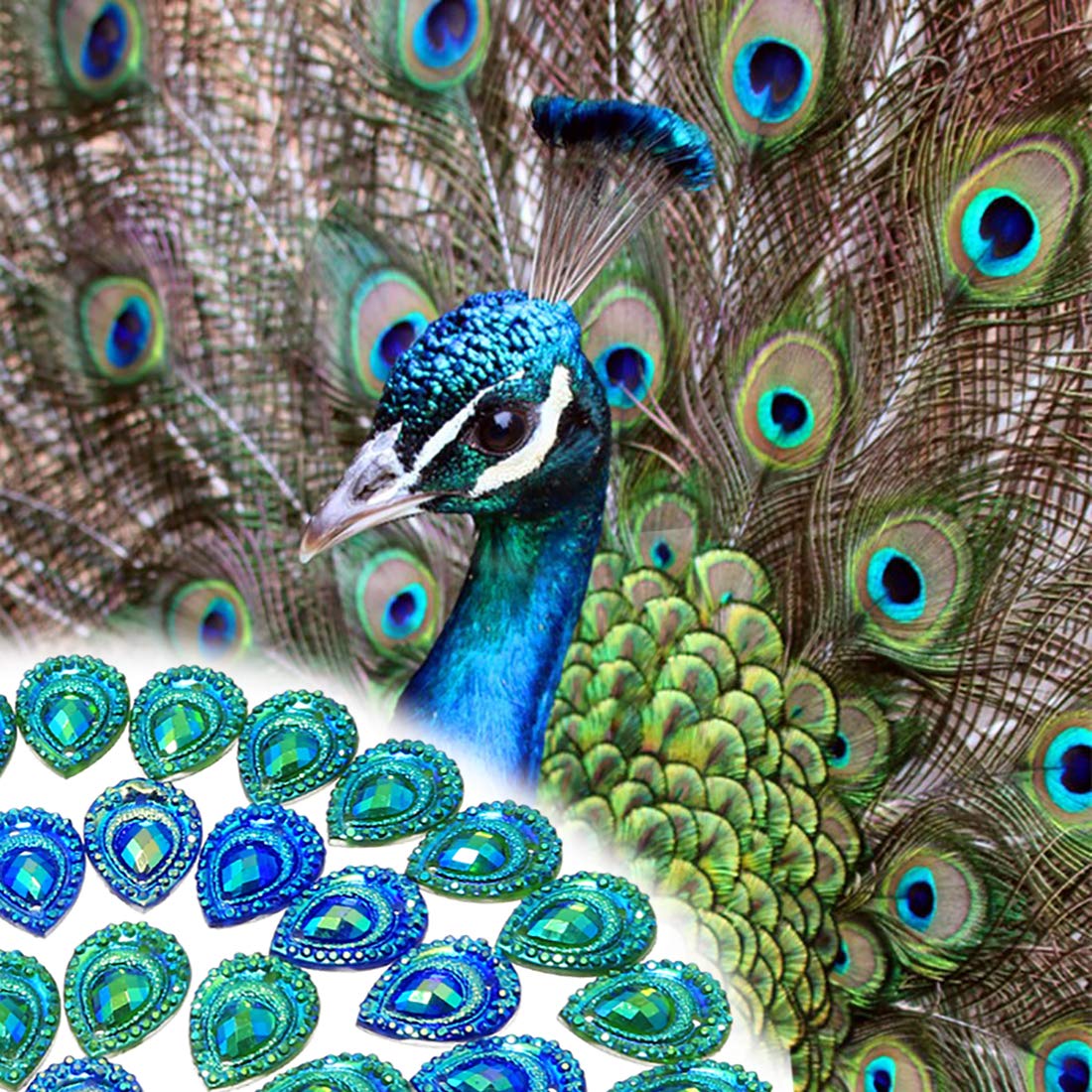 DZS Elec 50pcs Birdseye Water Drop Blue and Green Double Color Edge Flat Bottom Resin Peacock Feather Rhinestones Beads for Sewing DIY Crafts Accessories