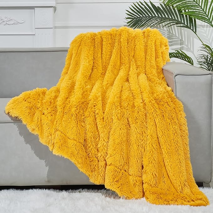 GONAAP Fuzzy Faux Fur Throw Blanket Mustard Yellow Super Soft Cozy Plush Fuzzy Shaggy Blanket for Couch Sofa Bed (Mustard Yellow, Throw(50"x60"))