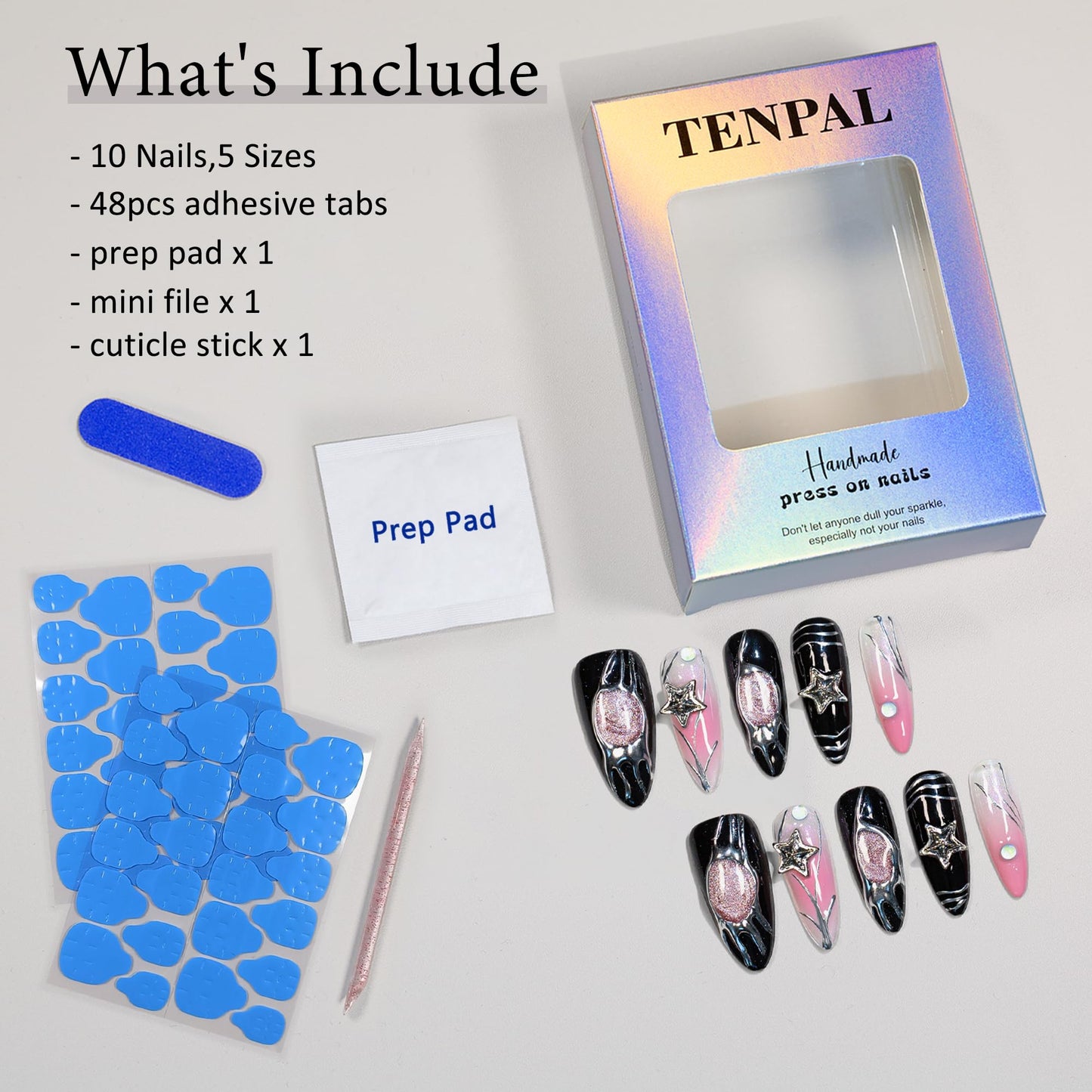 TENPAL Y2k Press on Nails long Stiletto,Black Star Charms Glitter Swirl, Soft Gel Fake Nails With Tools,Handmade Acrylic 10pcs/Box Pink False Nails With Air Brush Designs(XS)