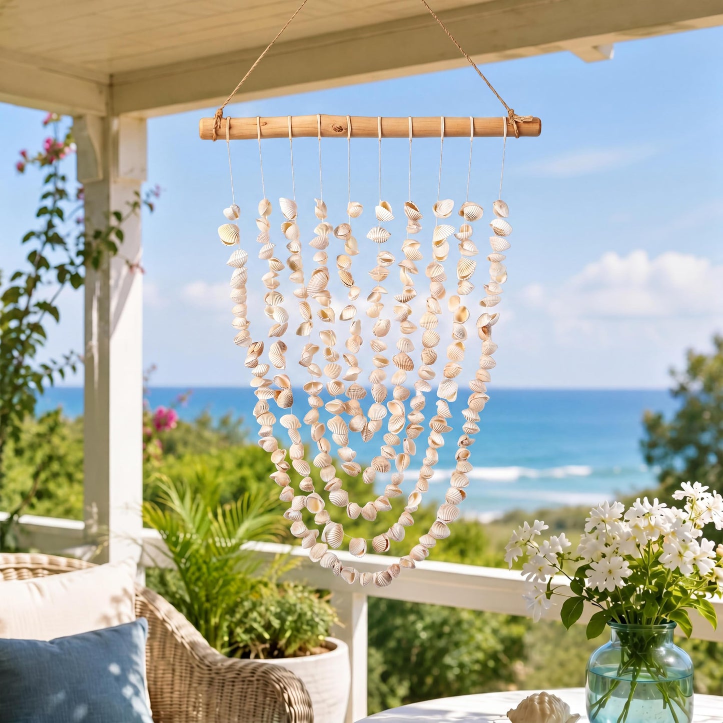 Novabright Seashell Wall Hanging Decor Coastal Beach Shells Wind Chimes 20.4 Inch Handmade White Sea Shells with Driftwood Farmhouse Rustic Ocean Wall Art for Summer Bedroom Bathroom Living Room