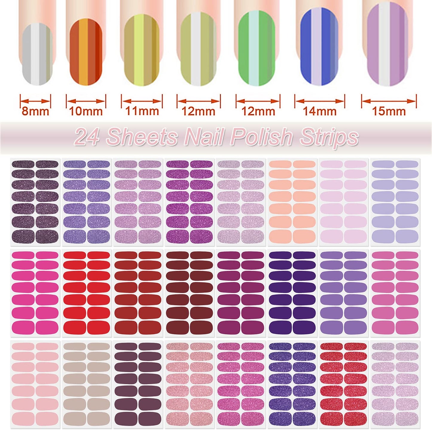 DANNEASY 24 Sheets Solid Color Nail Polish Strips Glitter Nail Wraps Gel Nail Strips Self Adhesive Nail Polish Stickers for Women Fingernails Nail Art Accessories with Nail File, Cuticle Stick