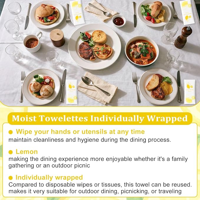 Moist Cotton Towel Bulk Moist Towelettes Individually Wrapped,White Towel Services,Refreshment Pre Moistened Towels for Dentist Travel Sport Party Hotel 100,Lemon