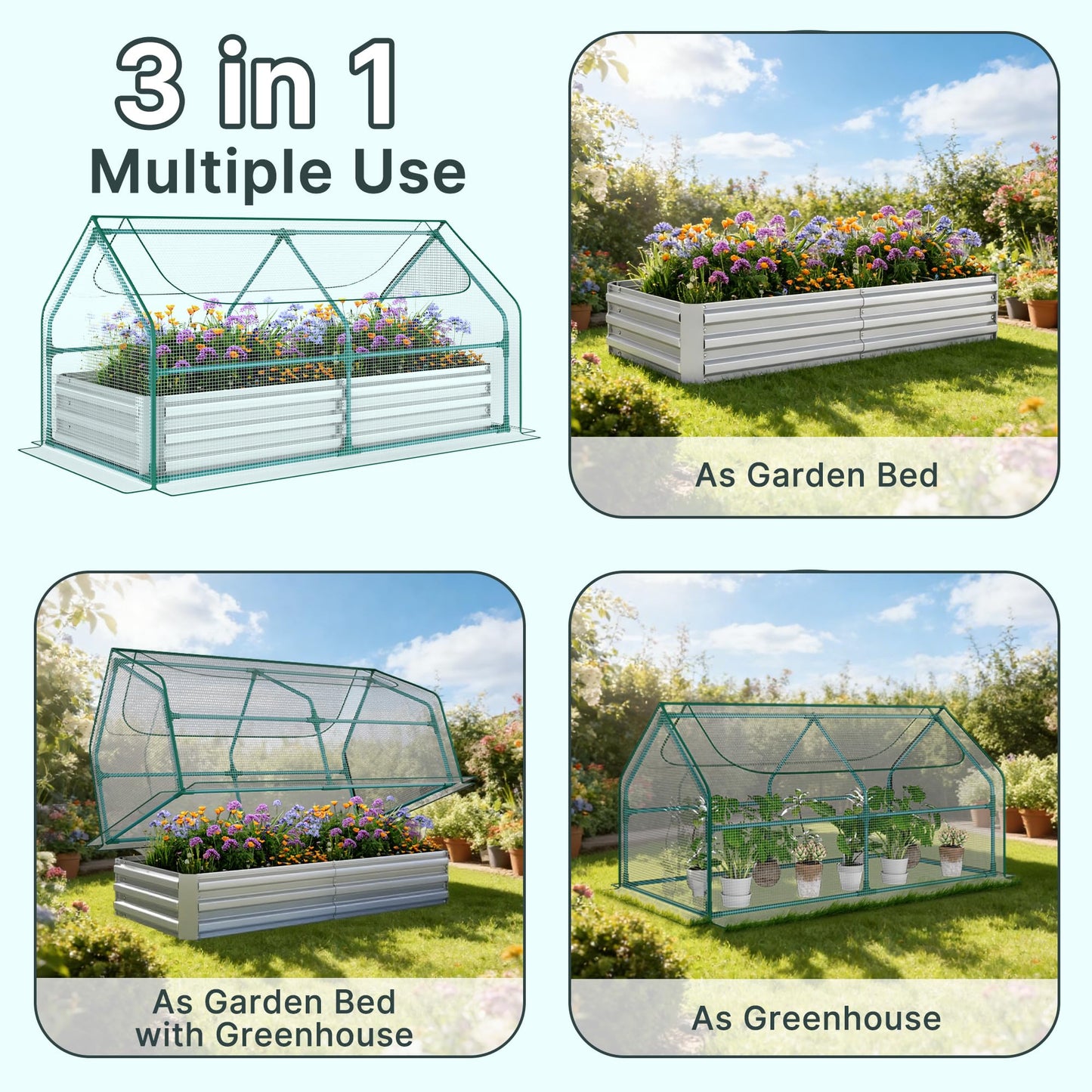 Miory Raised Garden Bed with PE Cover, 6x3x1 FT Galvanized Planter Box Outdoor with Greenhouse Cover, 2 Large Zippered Screen Windows for Vegetables, Flowers, Includes Labels & Gloves