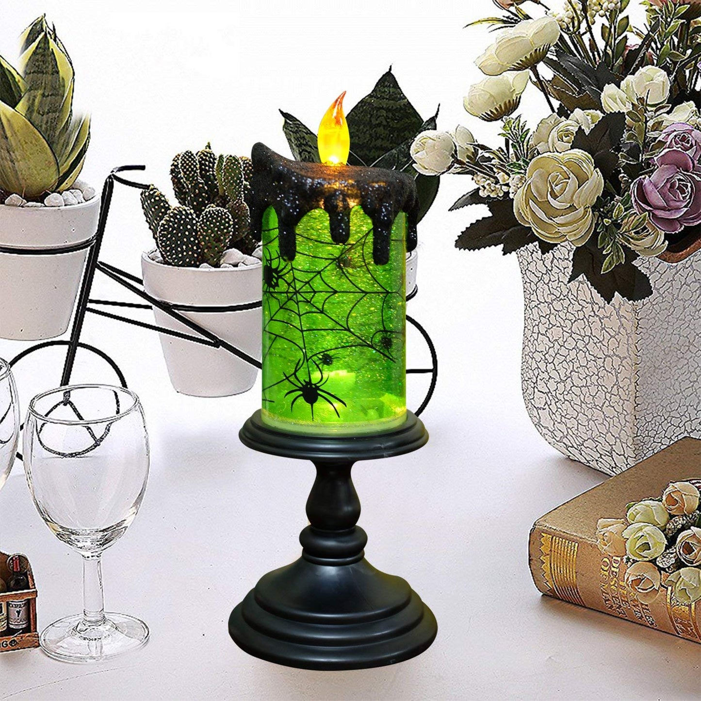 DRomance Halloween Flameless Candle Snow Globe Battery Operated with 6 Hour Timer, Green Light Spider Decal Water Tornado Lamp LED Candlestick Halloween Season Decor Gift 4 x 10 Inches