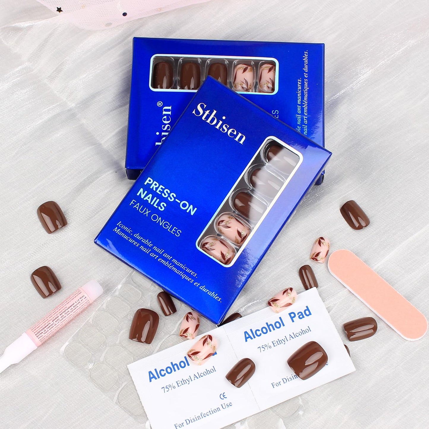 Stbisen Dark Brown Press On Nails, Short Square Soft Gel Fake Nails with Gold Leaf Accents & Glitter Design, Glossy Acrylic Look, Thick Natural Glue On Nails for Women Gift, Suitable for Work, 30Pcs