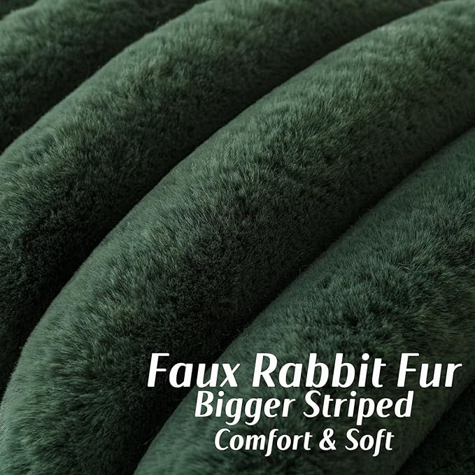 FUTEI Christmas Dark Green Decorative Throw Pillow Covers 18x18 Inch Set of 2, Square Soft Faux Rabbit Fur Thick Striped Cushion Cover,Winter Home Decor for Couch Bed Living Room