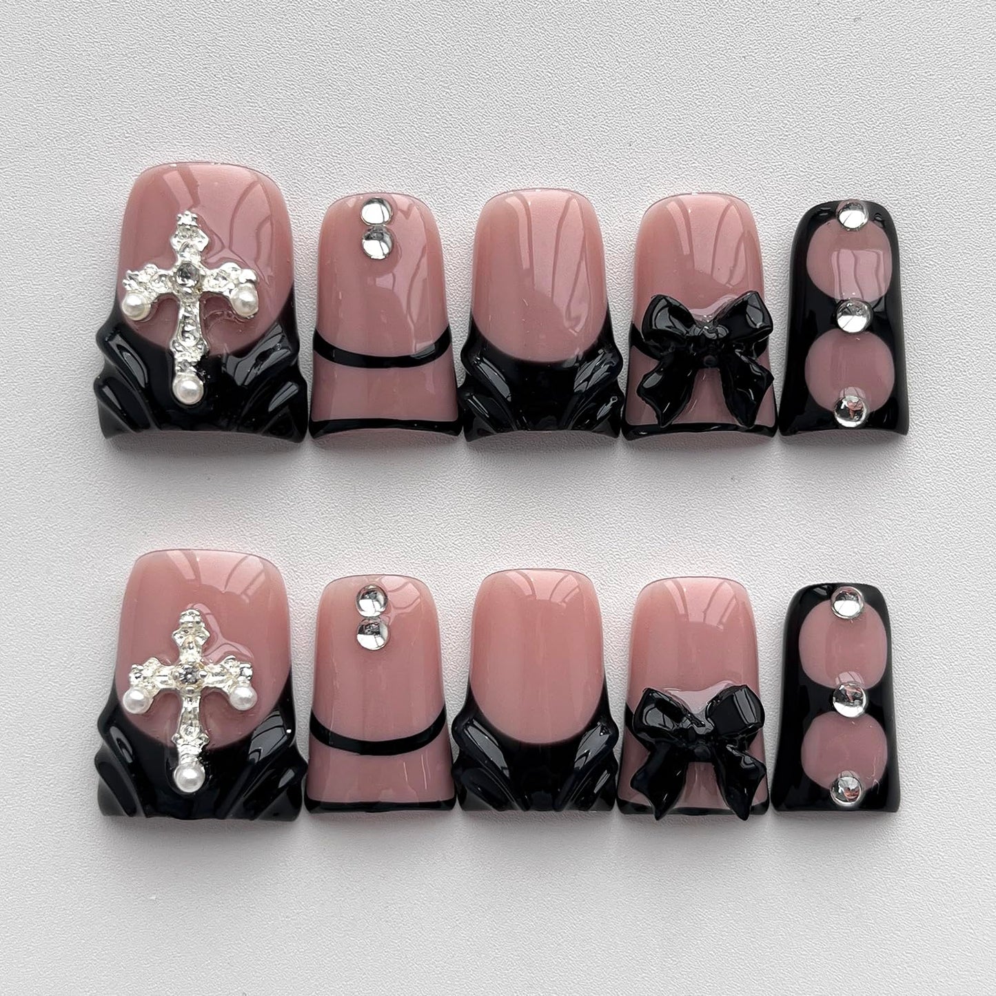 French Tip Press on Nails Handmade Short Duck 3D Thick Acrylic Nails Black False Nails with Bow Water Ripple Rhinestones Designs Gothic Glossy Fake Nail Sturdy Art Press on Nail 10Pcs(M)