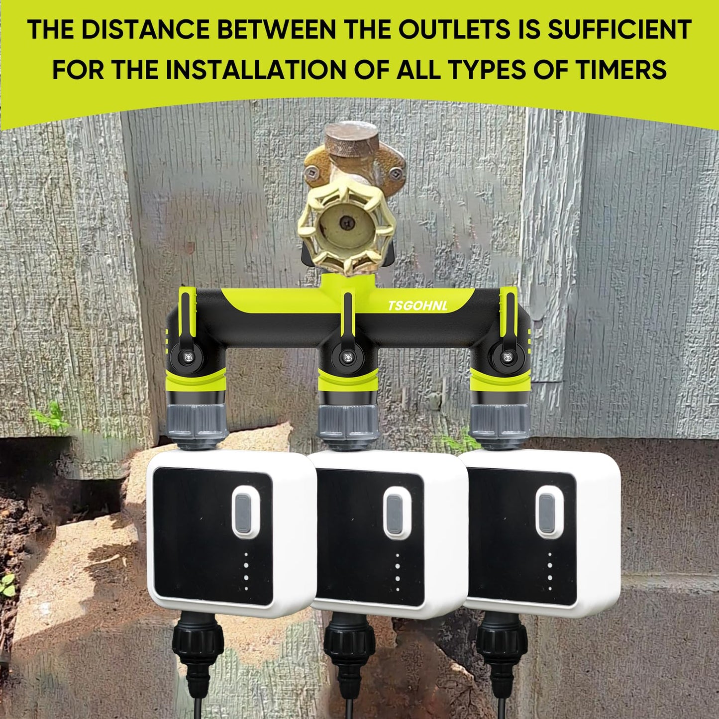3 Way Garden Hose Splitter, 3/4 Inch Outdoor Faucet Splitter, Hose Manifold with Independent Shut Off Valves, Wide Spacing for Hose Timers, Sprinklers, Lawn, Yard and Garden Watering - Green