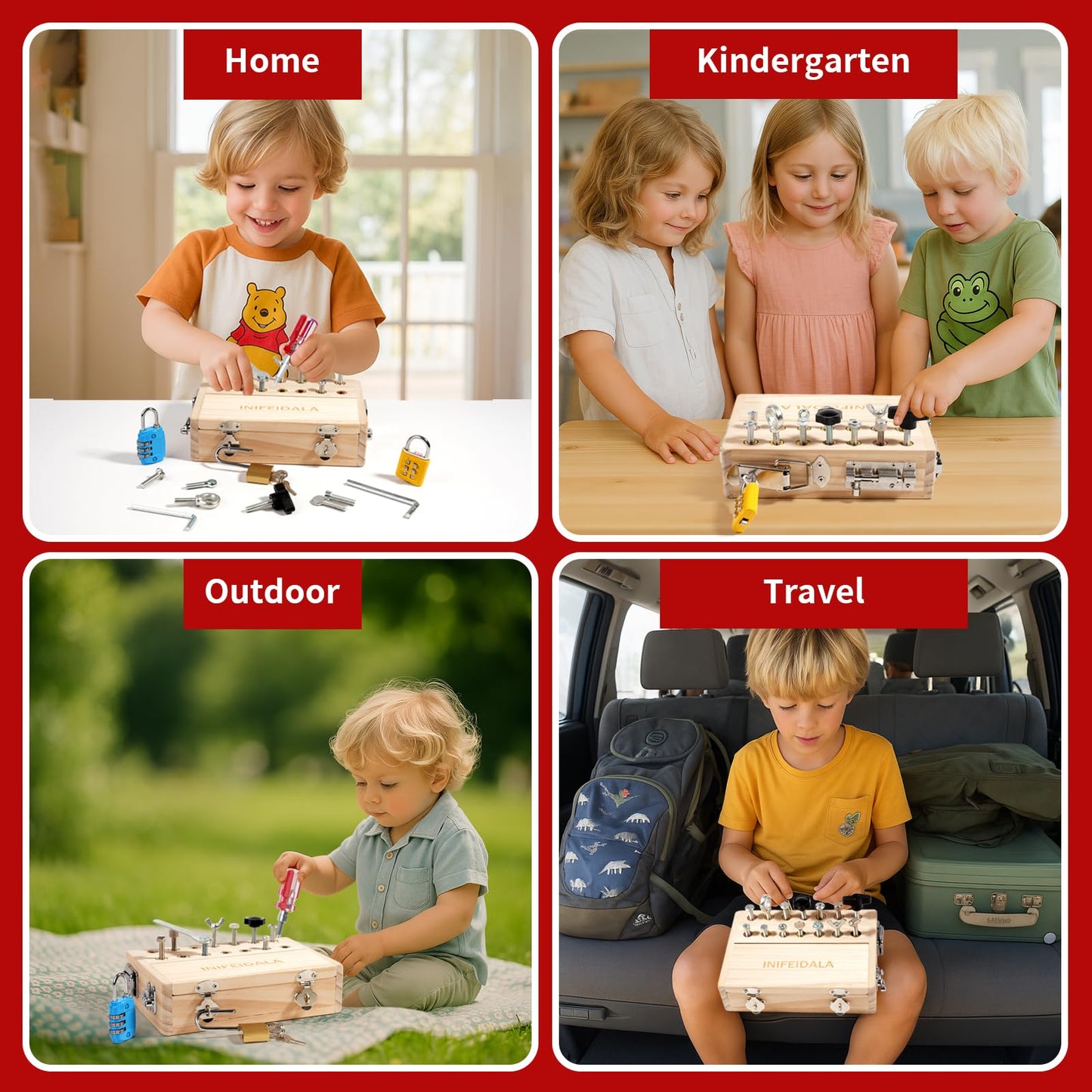 INIFEIDALA Montessori Busy Board for Toddlers Ages 3+ - Wooden Sensory Activity Board with Locks Keys & Screwdriver Tool Set - Educational STEM Learning Toy for Fine Motor Skills Development