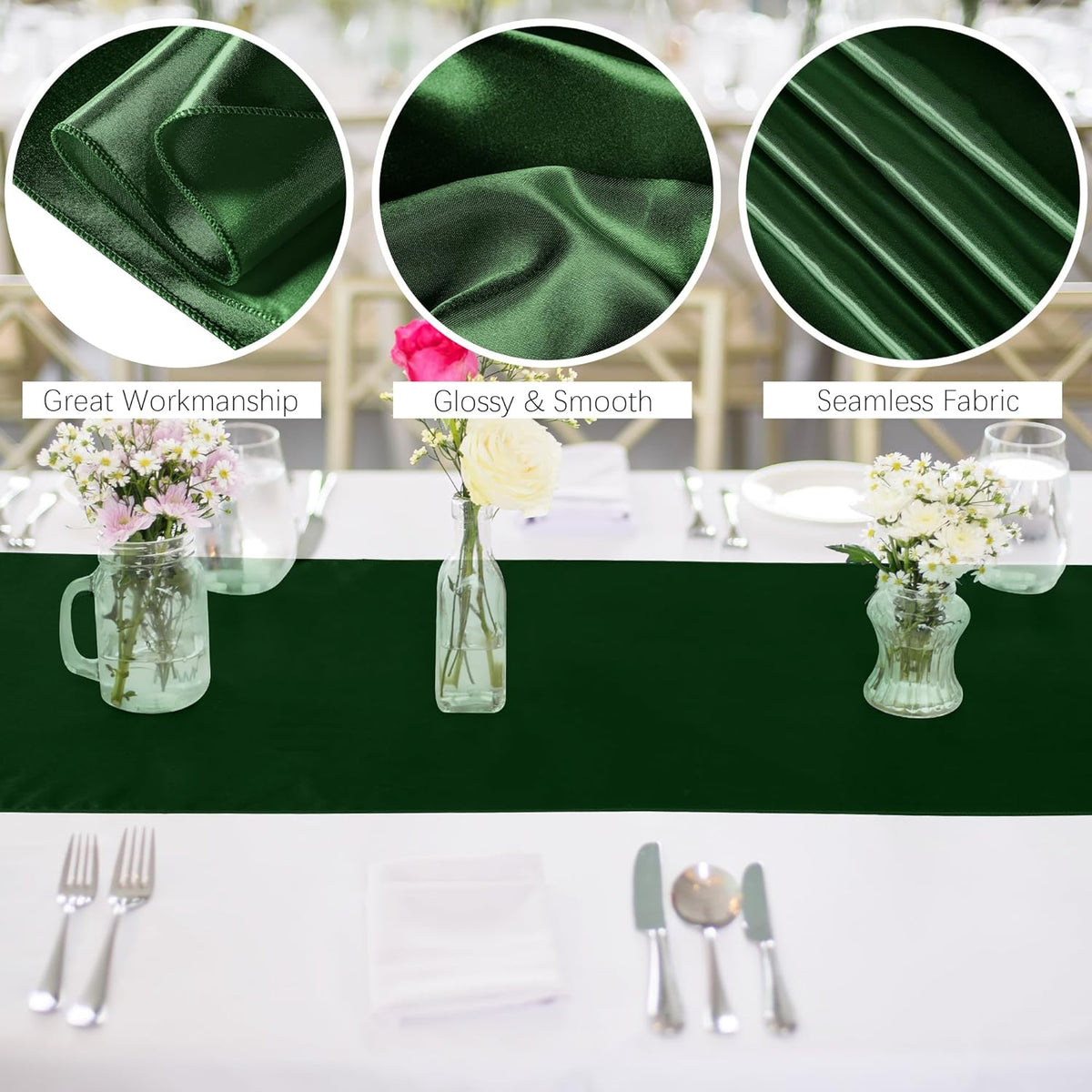 Aneco 16 Pack Satin Table Runner 12 x 108 Inch Black Green Long Wedding Satin Silk Table Runner for Wedding Banquet Graduations Birthday Party Decoration