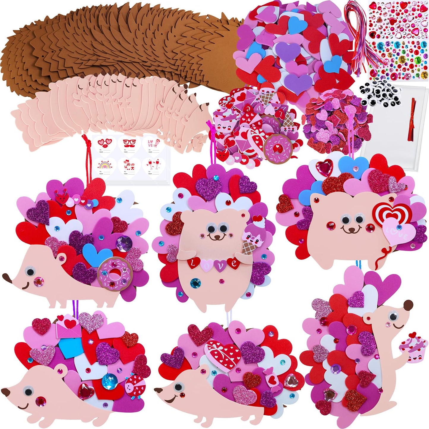 Winlyn 24 Sets Heart Hedgehog Ornaments Decorations Valentine Crafts Kits Hedgehog Art Sets Heart Foam Valentine Stickers for Kids Party Classroom Activities Gift Exchange