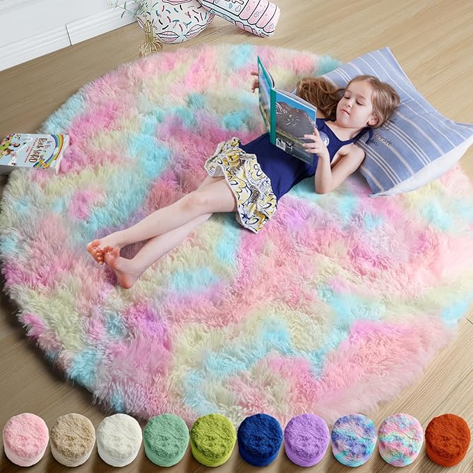 Amdrebio Rainbow Fluffy Round Rug 5Ft Kids Rugs for Girls Bedroom, Unicorn Room Decor, Colorful Pastel Shag Carpet for Playroom Baby Nursery, Cute Furry Kawaii Circle Area Rug for Toddler Princess