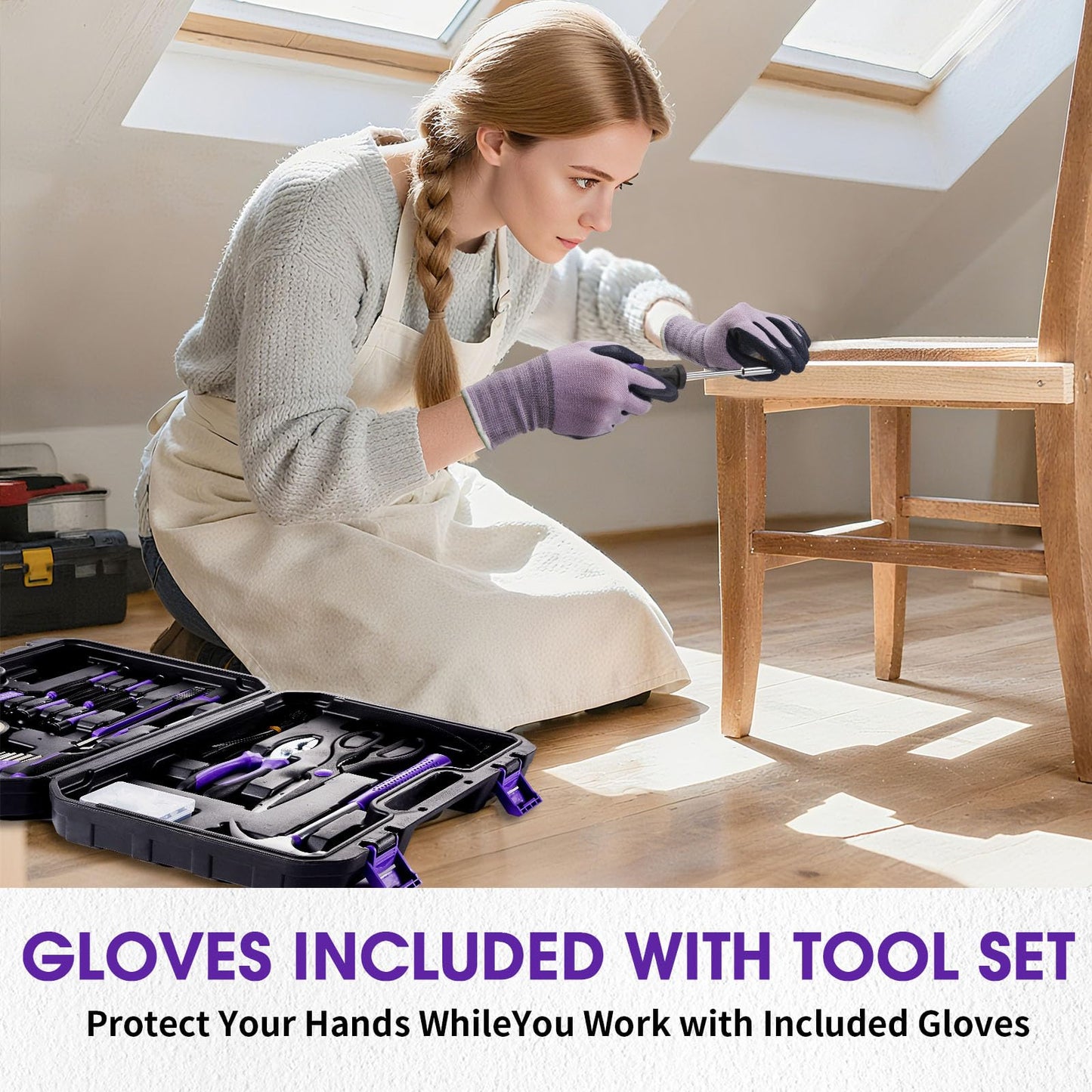FlexiArc General Household Tool Set - Purple Hand Tool Kit with Waist Pouch & Gloves, Tool Kit for Women Everyday Home Repairs, DIY and Crafts, 112 pcs