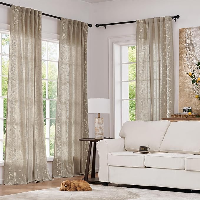jinchan Winslow Linen Curtains for Bedroom 63 Inches Length Embroidered Bordered Floral Curtains for Living Room Farmhouse Decor Light Filtering Window Treatments Ivory on Taupe Drapes 2 Panels