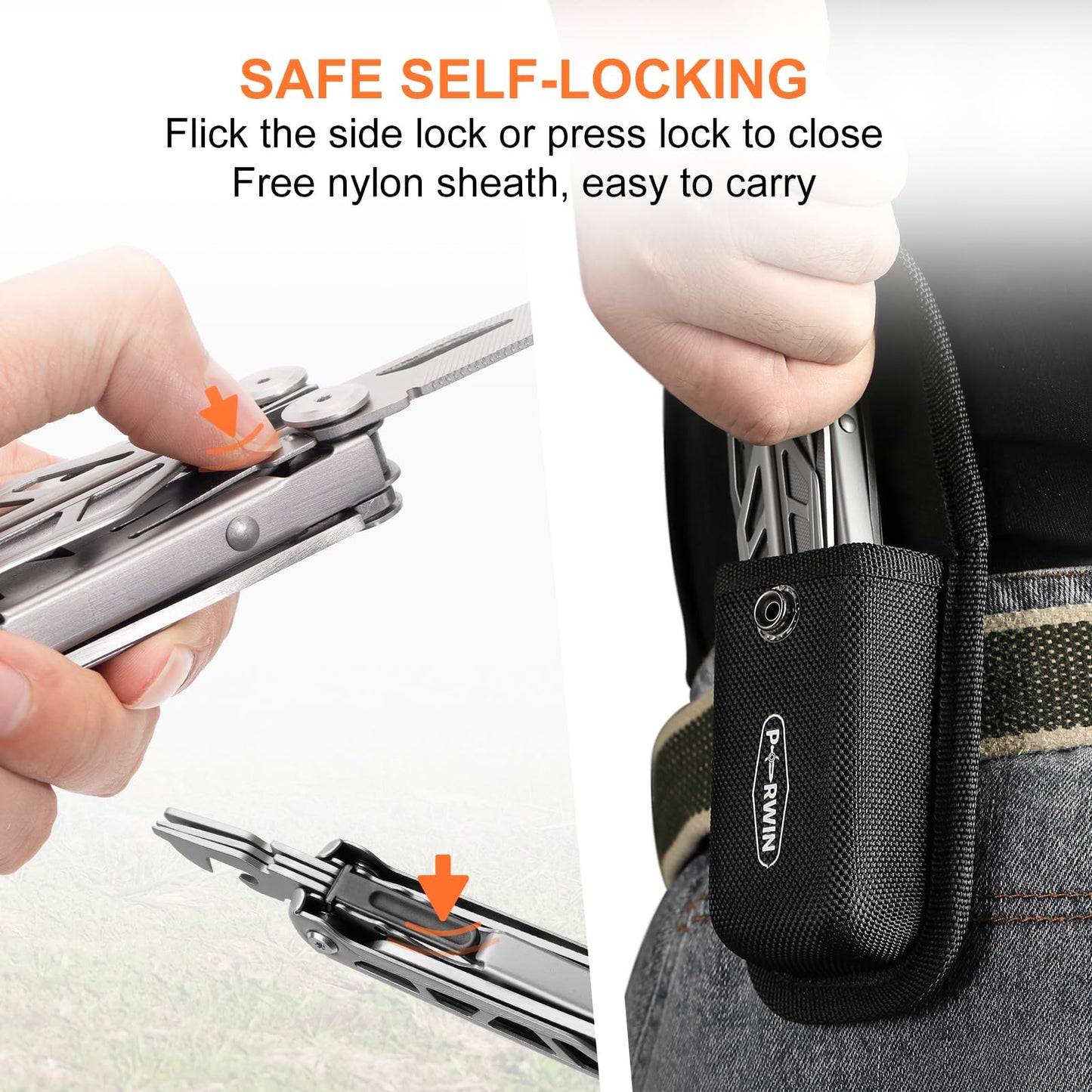 PERWIN Multitool, 17-in-1 Stainless Steel Multi Tool Pliers with Self-Locking, Pocket Knife, Nylon Sheath, Professional (EDC) Multi-Tool for Survival, Camping and Hunting, Hiking, Gifts for Men
