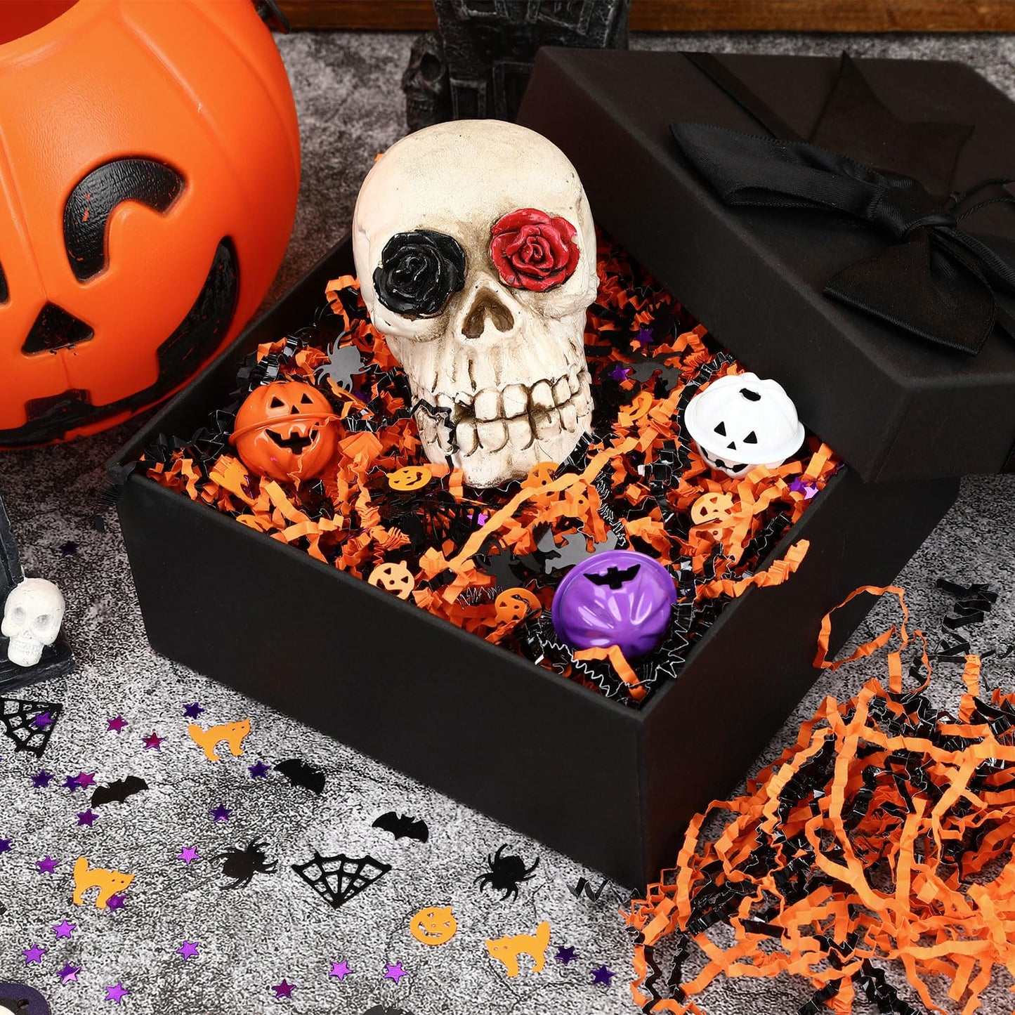 Jansun Halloween Black Orange Crinkle Cut Paper, 115g/4oz Shred Filler with Pumpkin Spider Bat Witch Confetti for Gift Wrapping Craft DIY Basket Filling Trick or Treat Candy Decorations
