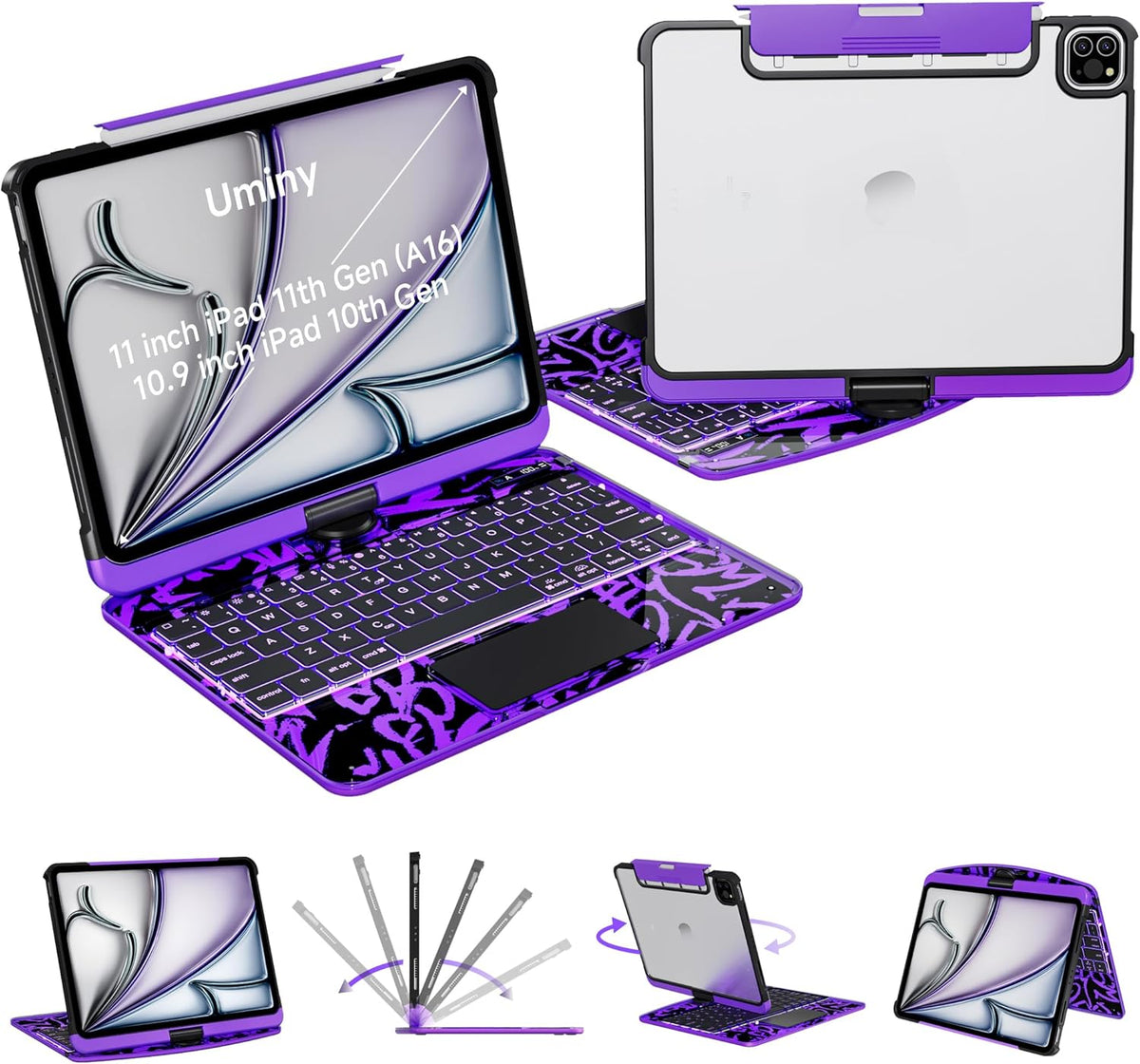 iPad Keyboard Case for iPad 10th Gen (2022) & 11th (A16, 2025), Magic Wireless Keyboard with Trackpad 7 Color Backlit 360° Rotating Stand Transparent Protective Cover with Pencil Holder (Purple)