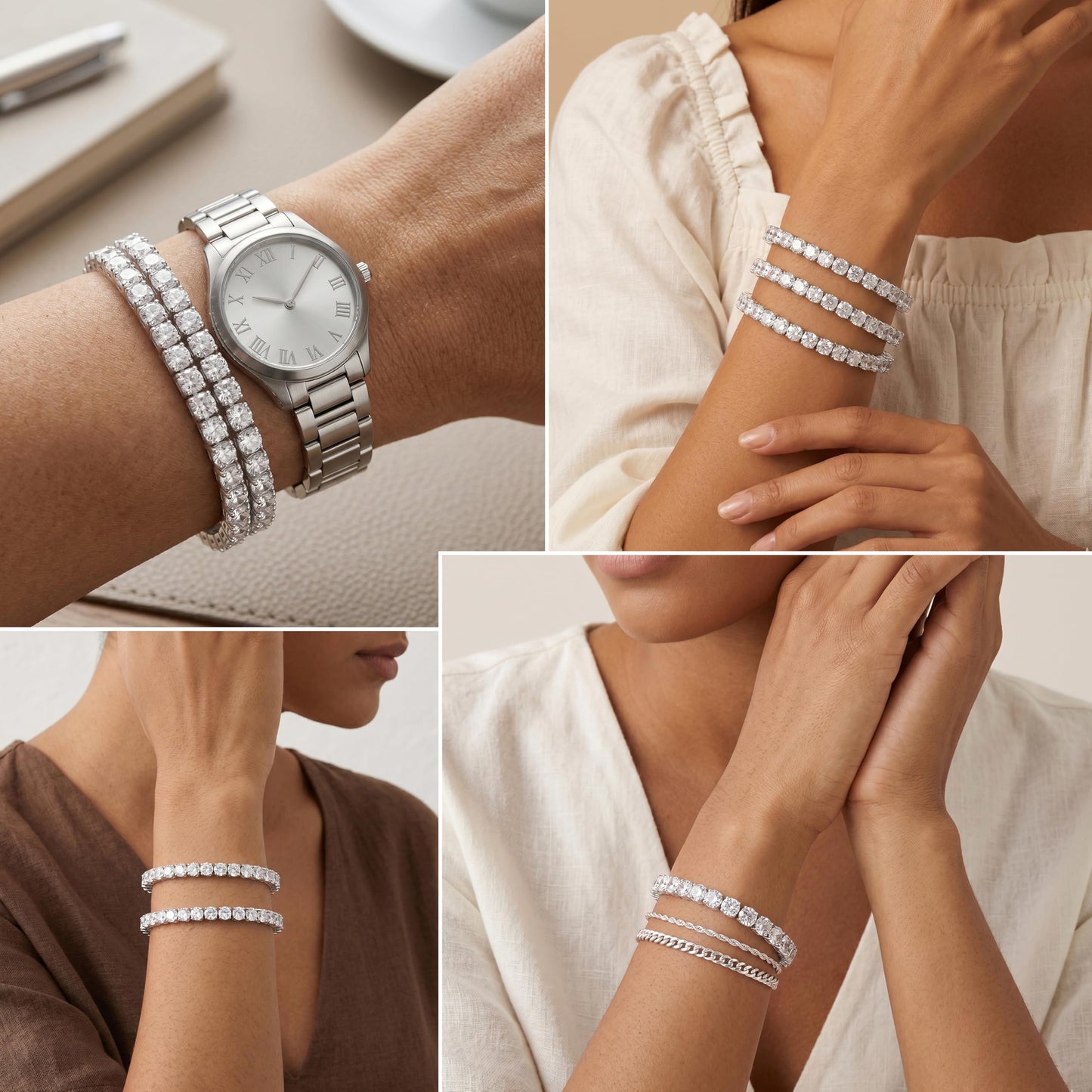 Chunky 4mm Silver Tennis Bracelet Set for Women, Sterling Silver Plated Triple Stackable Large Zirconia Bracelets, Bold Statement Jewelry, 3-Piece Heavy-Shine Link Set, Y2K Fashion Accessory