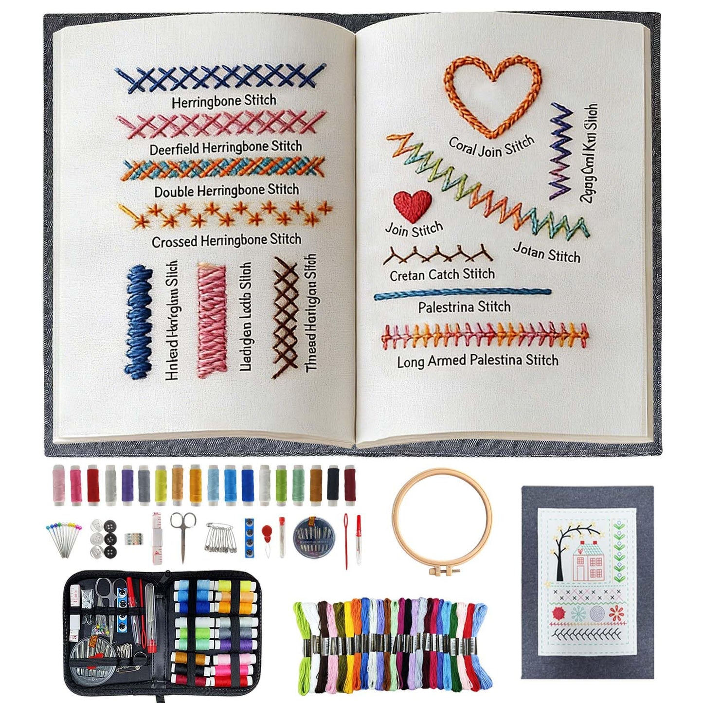 Embroidery Stitch Book Kit for Adults & DIY Craft Enthusiasts, Portable Embroidery Kit for Beginners, Includes Guide to 106 Patterns with Tools & Tutorials and 86-Piece Sewing Tool Set (1 Kit)