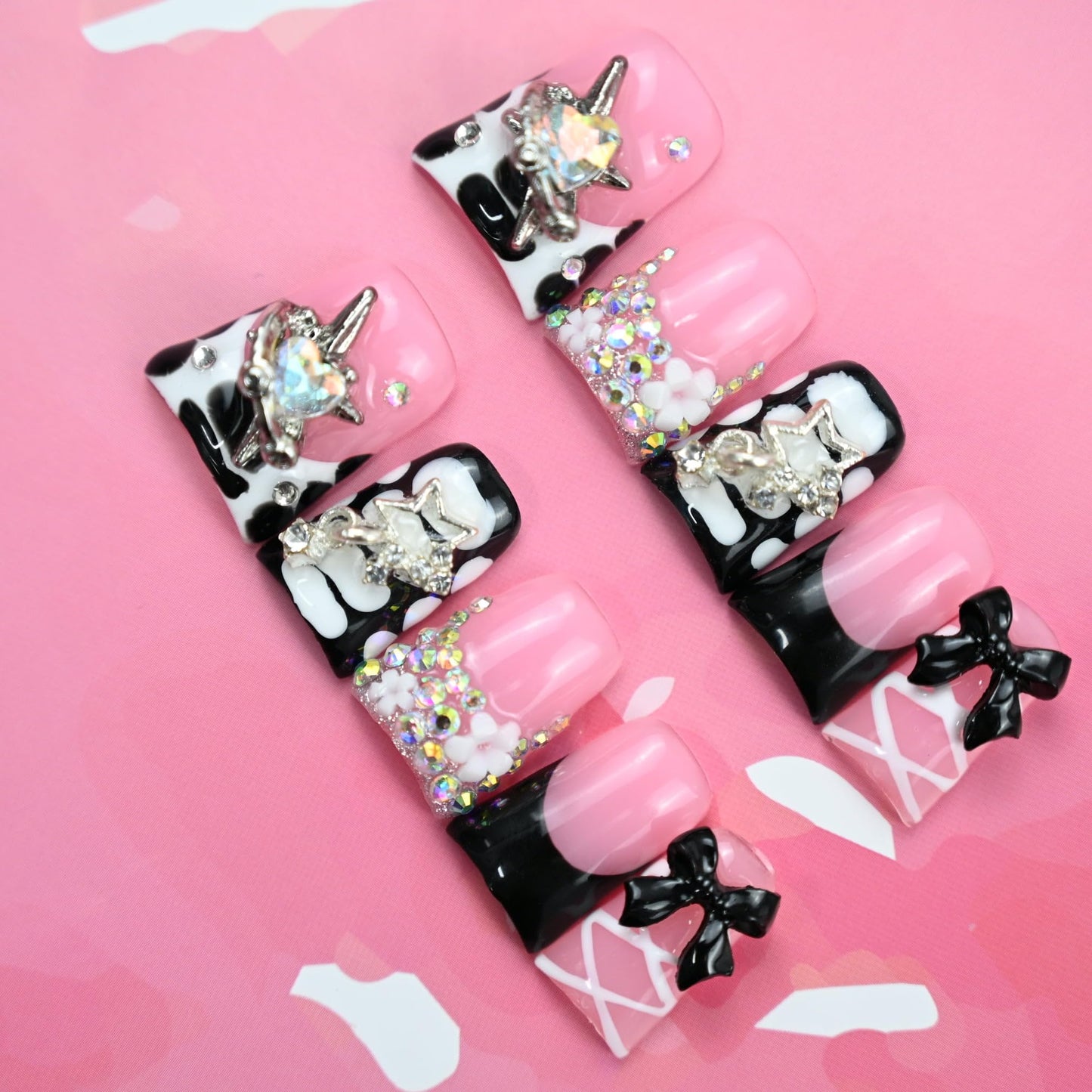 IntoVibes Handmade Short Duck Press On Nails, Black Ballet Ribbons And Y2K, 10 Pieces Reusable Acrylic False Nails, Size Medium