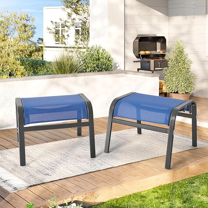 ONBRILL Outdoor Ottoman Set of 2, All Weather Outdoor Foot Stool with Supportive Textliene and Metal Frame, Stackable Oversized Outdoor Foot Rest for Furniture Patio Garden Pool, Blue