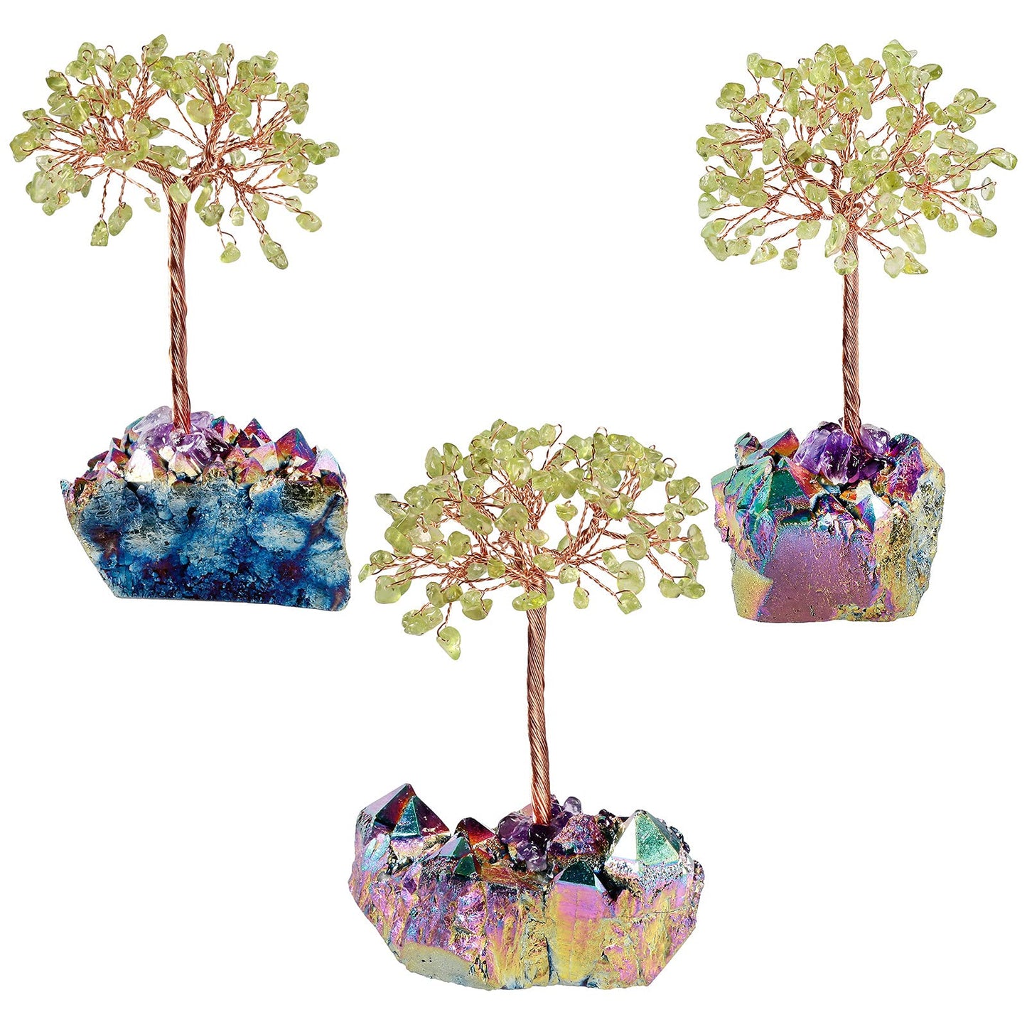 mookaitedecor Peridot Crystal Tree on Rainbow Titanium Crystal Cluster Stone Base Money Tree of Life for Good Luck Table Decoration 4.5-5.7 Inches