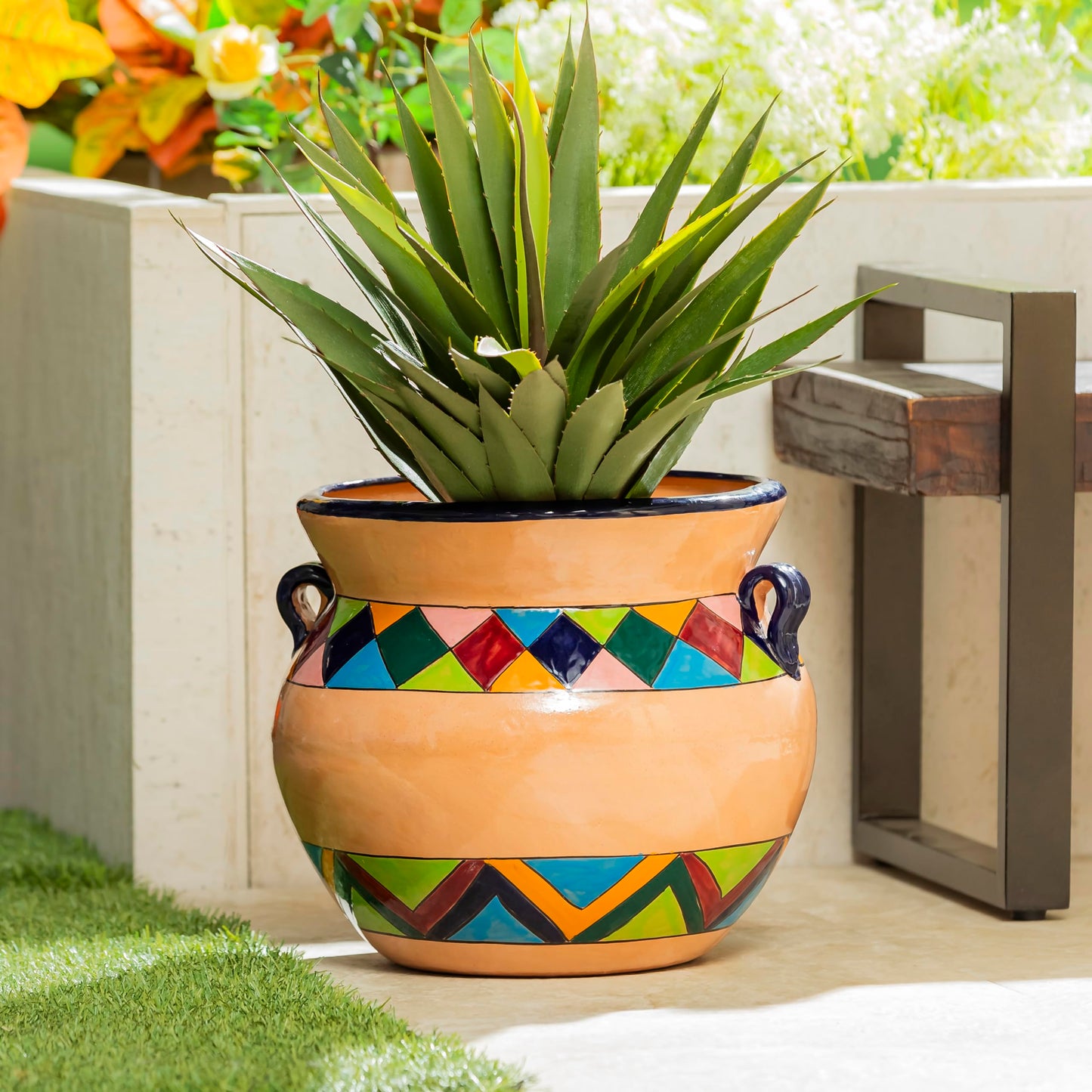 Evergreen Garden Talavera Mexican Pottery Ceramic Chata | Flower Pot Plant Succulent | Indoor Outdoor (14 in. Multicolor Striped)